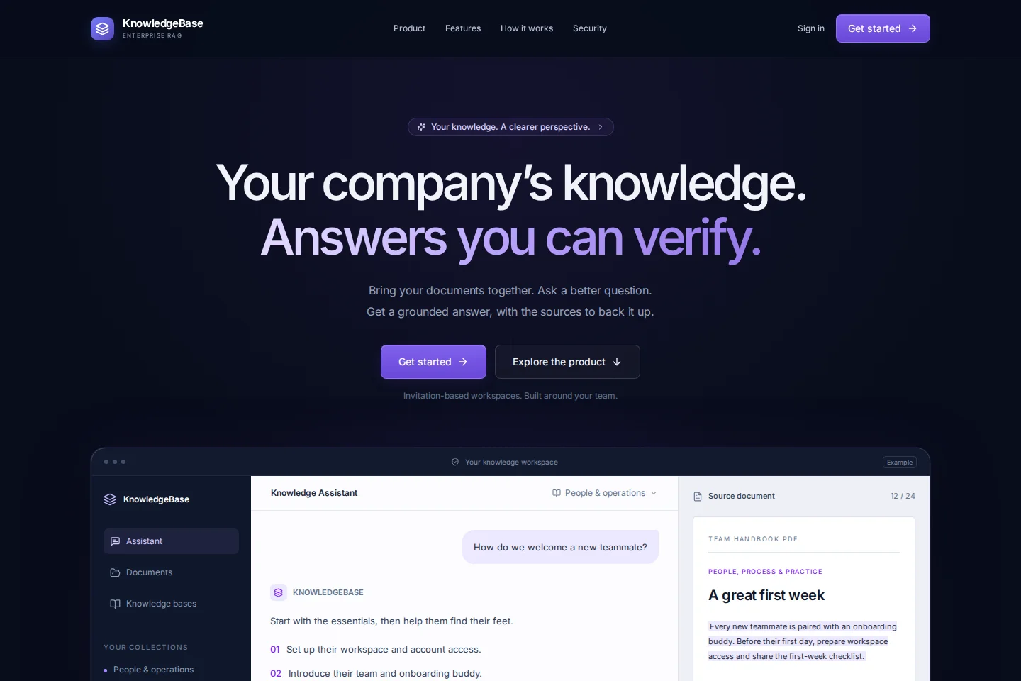 KnowledgeBase website showing its knowledge assistant alongside a cited source document.