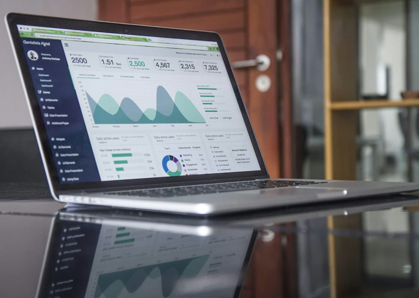 A laptop displaying an analytics dashboard on a reflective table